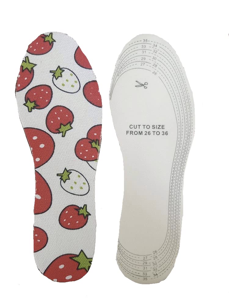 Sloops Quality Memory Foam Shoe Insoles for Kids, Breathable, Washable, Absorbs Shocks and Stays Fresh, Cut to Size UK 26 - 36 - Design: Strawberries