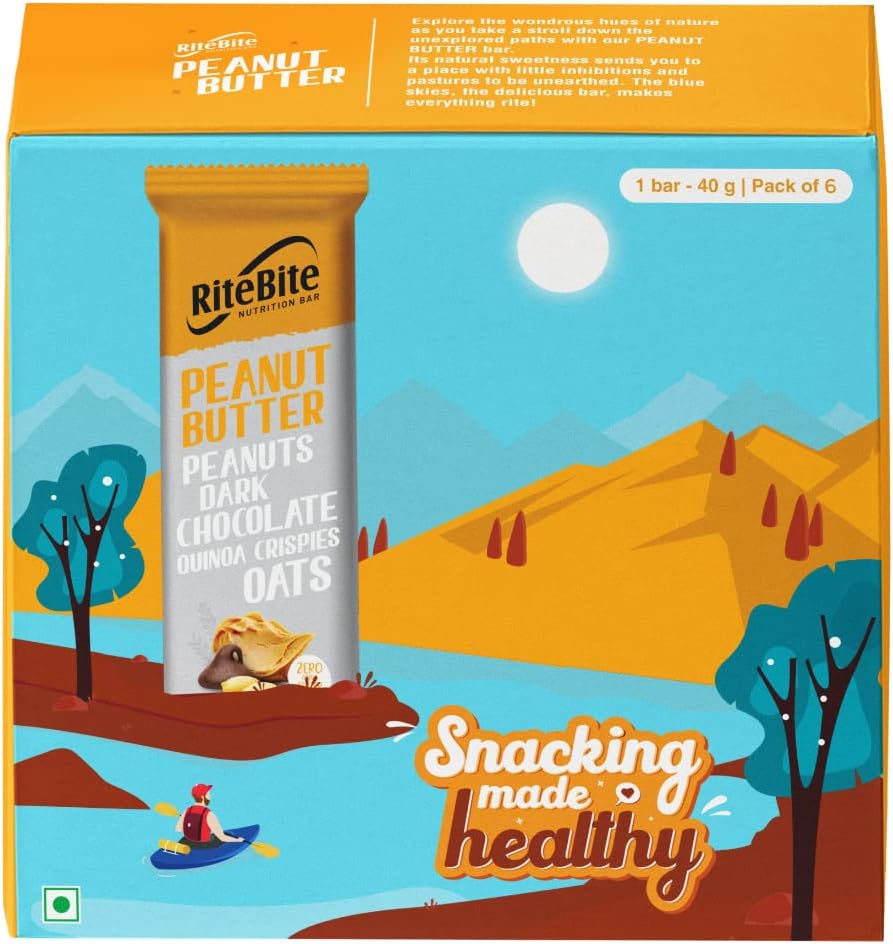 RiteBite Max Protein Peanut Butter Energy Snack Bar With Dark Chocolate & Oats- 240Gram - Pack Of 6