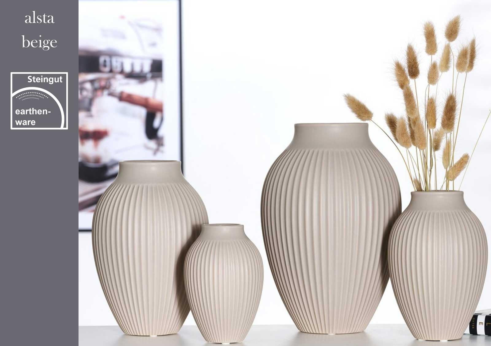 Ritzenhoff & Breker Alsta Vasen 2er Set, 27.5 cm, Tischvasen mit Rillendesign, Seidenmattes Oberflächen-Finish, Klassisch & Modern, Steingut, Beige