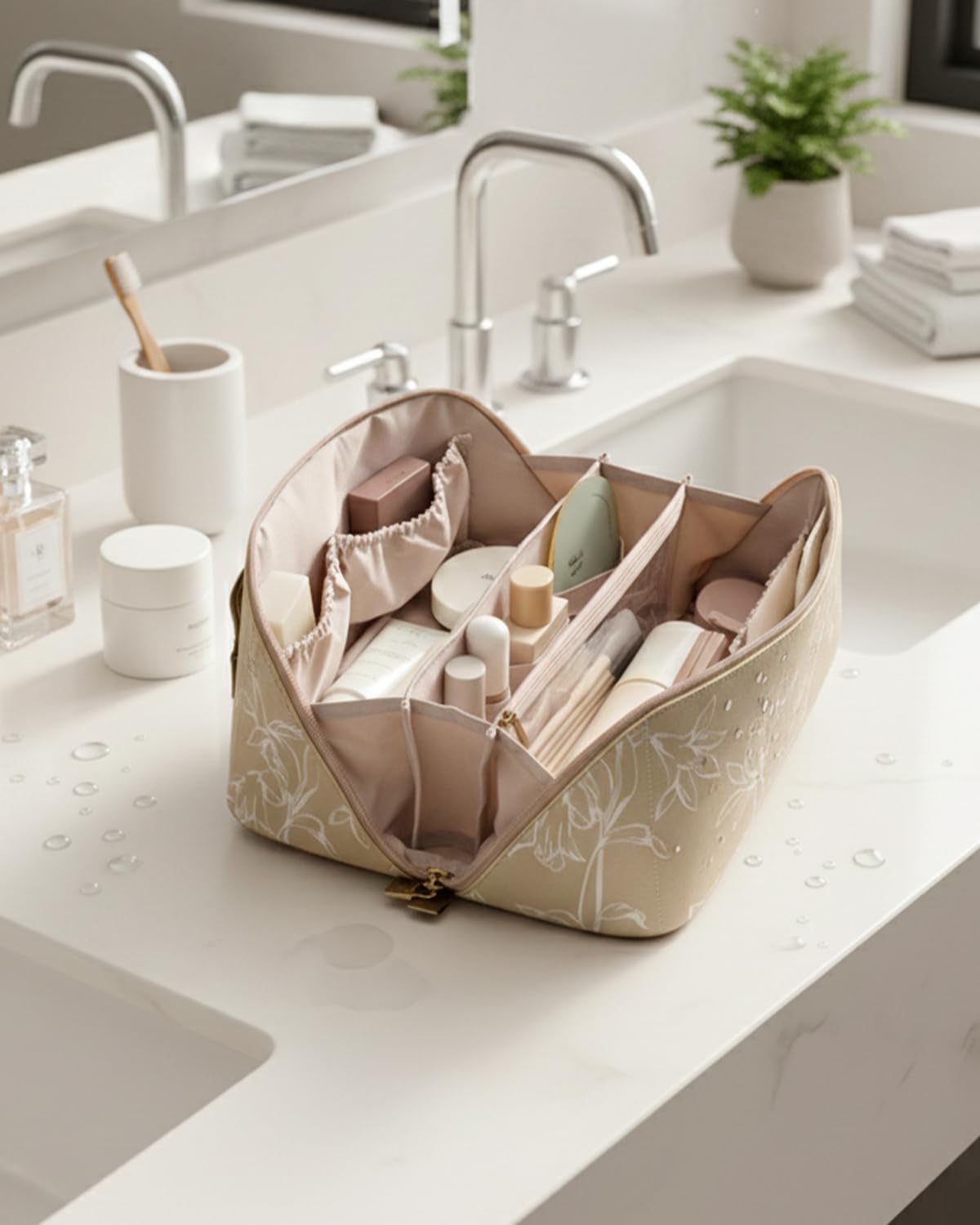 EACHY Travel Makeup Bag,Large Capacity Cosmetic Bags for Women,Waterproof Portable Pouch Open Flat Toiletry Bag Pattern Makeup Bag (F-Brown-Large) - Image 8