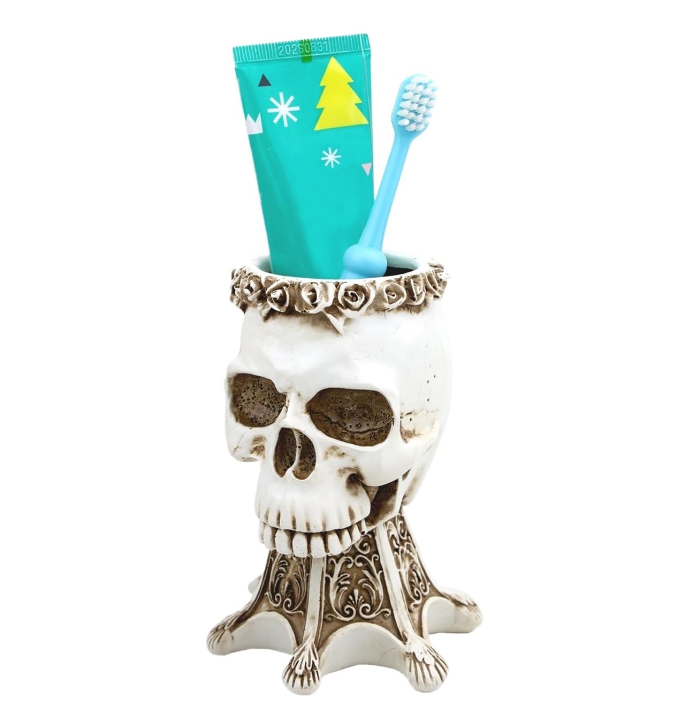 Zahnbürstenhalter Zahnputzbecher Totenkopf-Zahnbürsten-Zahnpasta-Halter for Badezimmer, Kunstharz, Stifthalter, Heimbüro Hygienisch & Vielseitig(White)