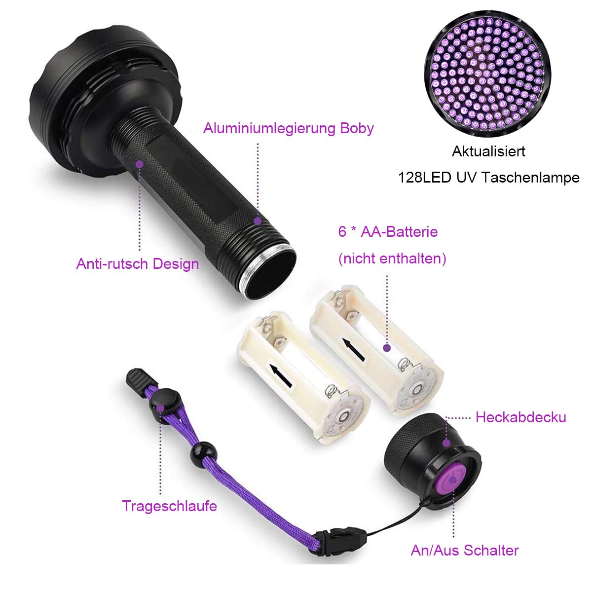 Schwarzlicht Taschenlampe, 128 LEDs UV Lampe mit UV Schutzbrille für Heimtierurindetektoren, Schwarzlichtlampe 395nm UV Licht Scorpion Torch Lampe für unechte Banknoten, Urin von Hunde, Katzen