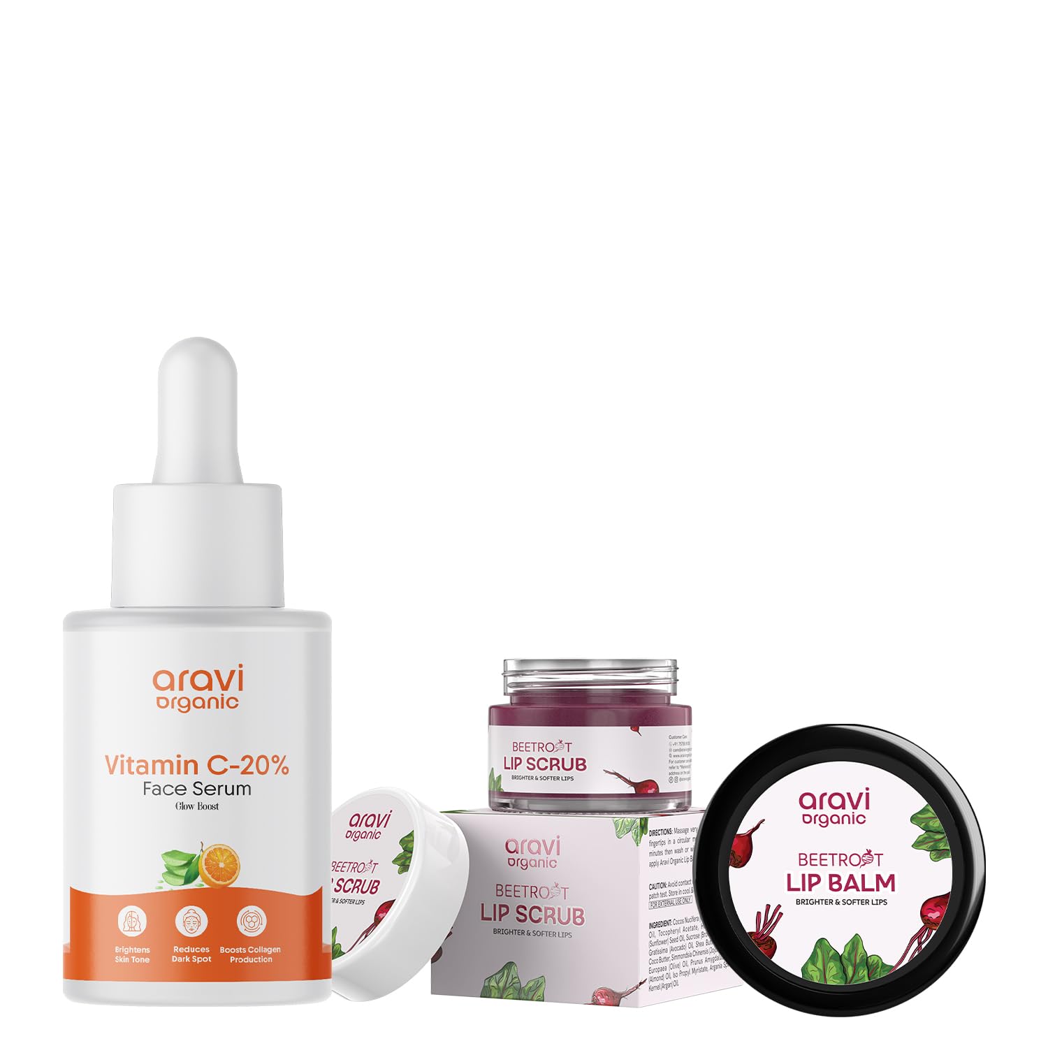 Aravi Organic Vitamin C Face Serum + Lip Scrub + Lip Balm - Brightening Skincare & Nourishing Lip Care Trio-image-24