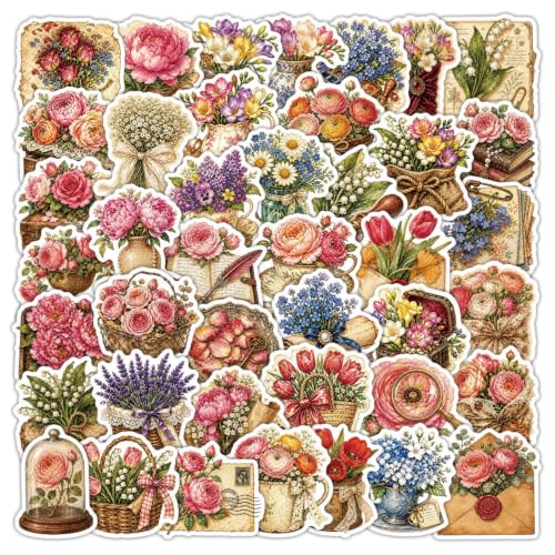 Image of Aesthetic Flowers Stickers Flora Scrapbook Stickers(Vintage) | Vintage Flowers Waterproof Sticker for Scrapbook Journal Water Bottle Kindle DIY Crafts Party Supplies