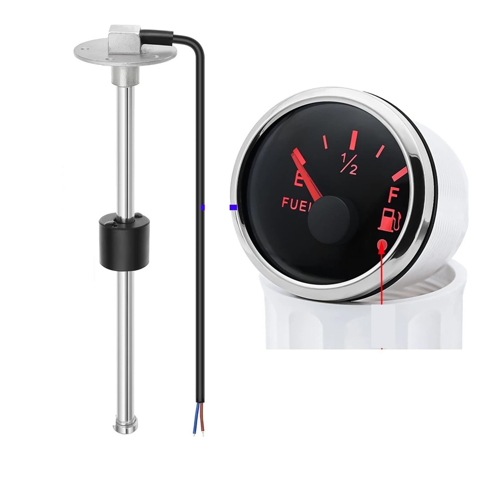 0-190 Ohm 2 "52mm wskaźnik poziomu paliwa + czujnik poziomu pływaka paliwa dla samochodu RV łódź wskaźnik poziomu zbiornika oleju z alarmową diodą LED Stabilne wyjście(325mm)