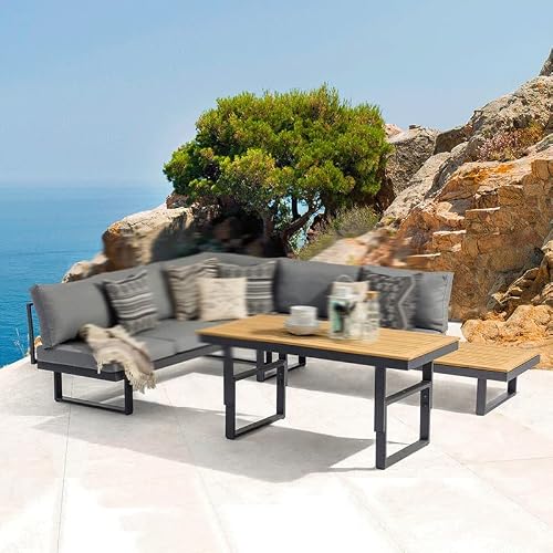 Walnut Outdoor Furniture Outdoor Sofa Combination Aluminum Frame Multifunctional L-Shaped Patio Sofa #TOP1