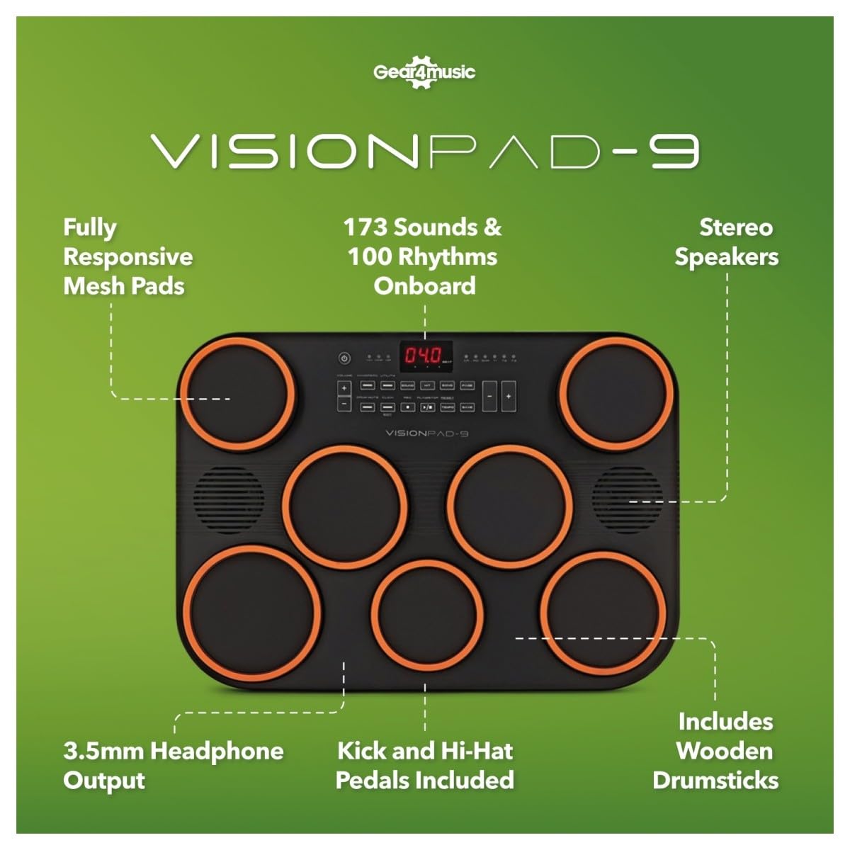 VISIONPAD-9 Batería Electrónica de Sobremesa Tambor Digital de Malla Portátil - Bateria Electrica Compacta con 7 Pads, 2 Pedales y Baquetas - Electronic Drum Kit Negro