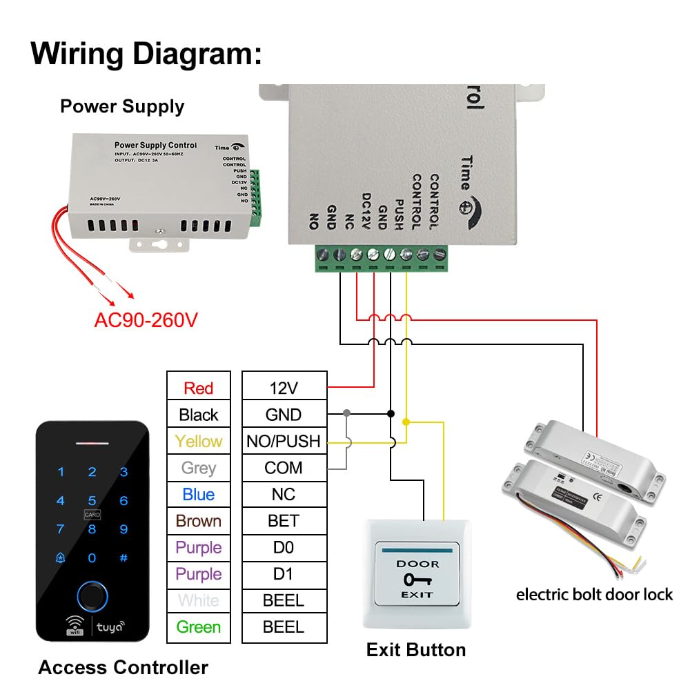 WiFi Tuya système de contrôle d'accès comprend un clavier d'empreintes digitales étanche IP68, serrure de porte électrique en métal mode NC, 10 porte-clés RFID de 125 KHz, source de