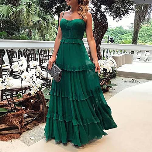 Foviguo Women's Sleeveless Chiffon Emerald Green Halter Dress Ruffle Cake Tiered Maxi Long Wedding Guest Dresses, X-Large #TOP3