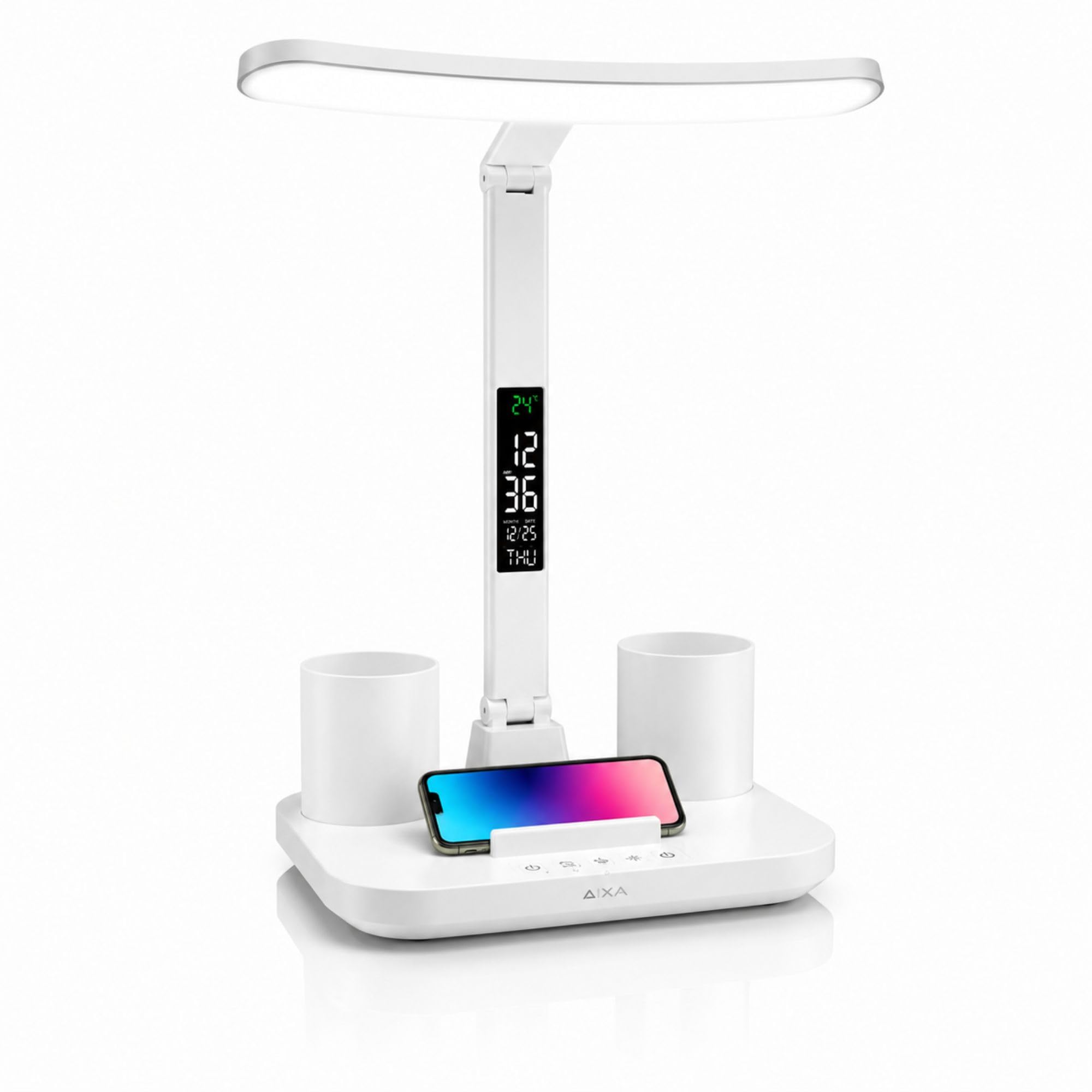 AIXA Rechargeable LED Desk Lamp with Digital Clock, Touch Control, USB Charging, 3 Color Modes, Foldable Study Table Lamp with Pen Holder & Phone Stand for Home Office Bedroom-image-13