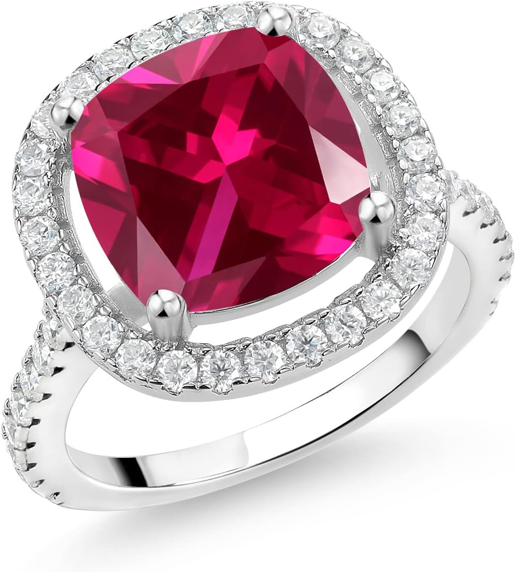 Gem Stone King 4-6 Cttw 925 Sterling Silver 10MM Cushion Cut Gemstone Birthstone and White Moissanite Engagement Ring | Wedding Anniversary Promise Ring For Women | Ring Size 5-9