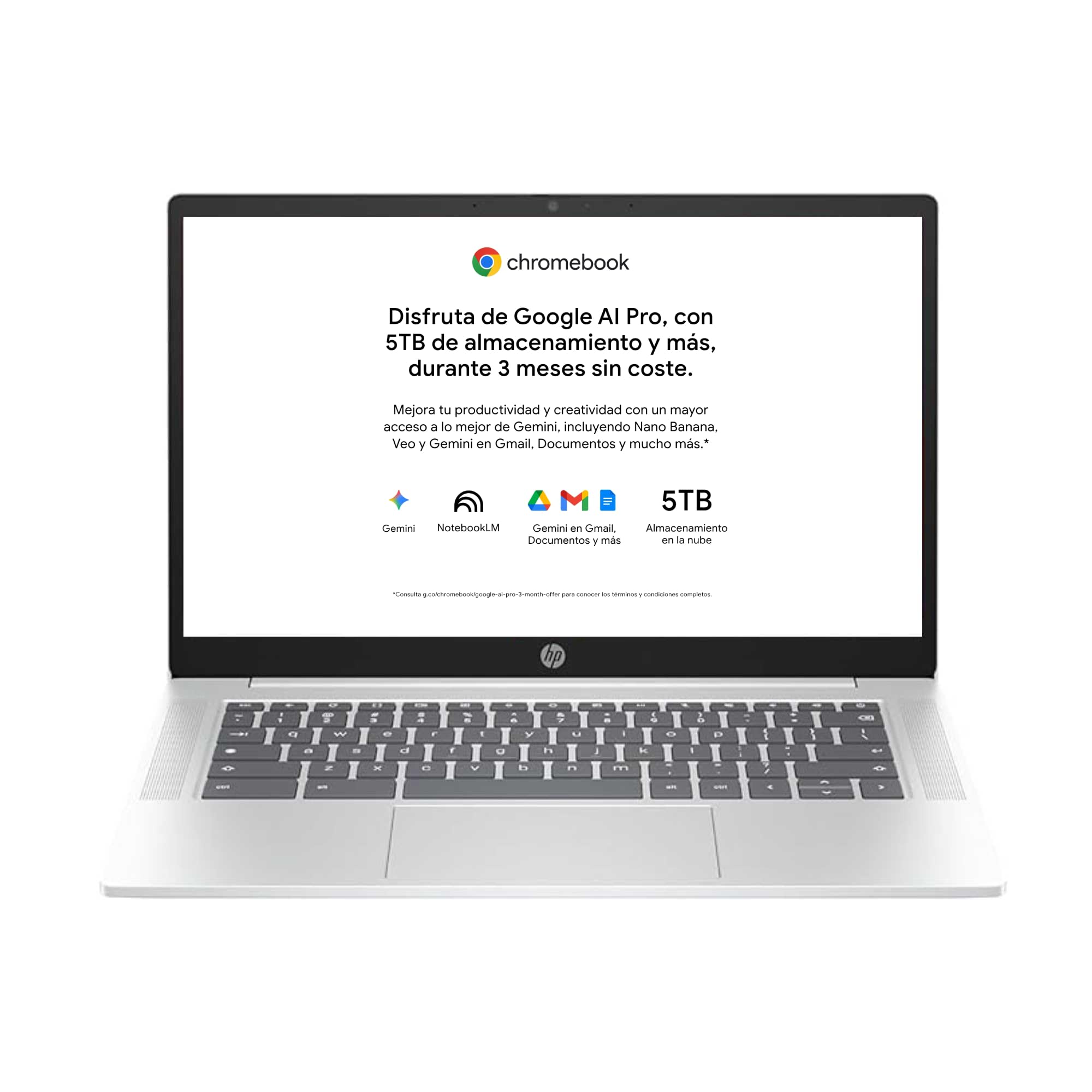 HP Chromebook - Ordenador portátil de Google 14" FHD (Intel N100, 8GB RAM, 128GB eMMC, ChromeOS) + Suscripción Google AI Pro con Gemini Pro y 5TB de Almacenamiento Durante 3 Meses - QWERTY Español