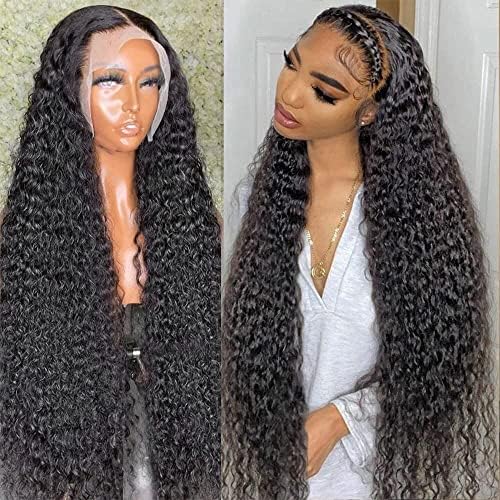 250% Density 30 Inch 13x6 HD Transparent Lace Front Human Hair Wigs For Black Women Mongolian Deep Curly Lace Front Wig Human Hair Pre Plucked Deep Wave Frontal wig Full And Thick (30 Inch, 13x6 Human Hair Lace Front Wigs)