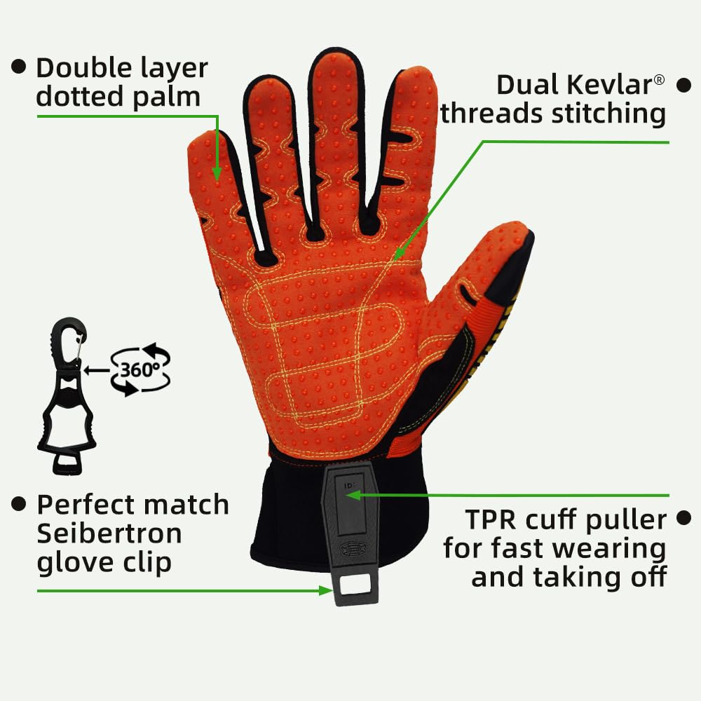 Seibertron High-Vis SDX2 Resistant Reducing Anti-Impact Mechanics Heavy Duty Safety Rescue Gloves CE EN388 4232 XXL with 1 Black Glove Clip