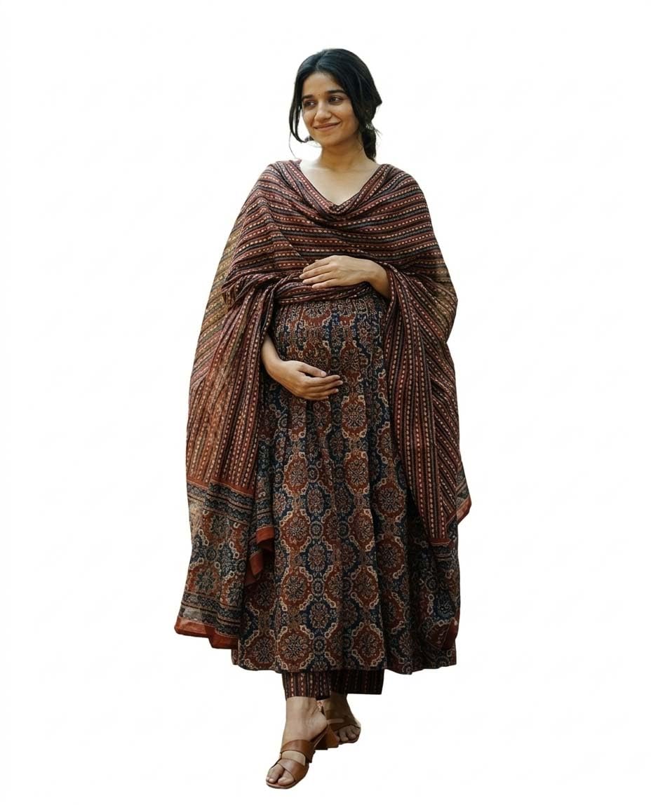 ASSUME FAB Women Viscose Rayon Anarkali Maternity and Nursing Kurta Set with Dupatta - Brown Floral and Geometric Pattern, 3/4 Sleeves, Comfortable Fit