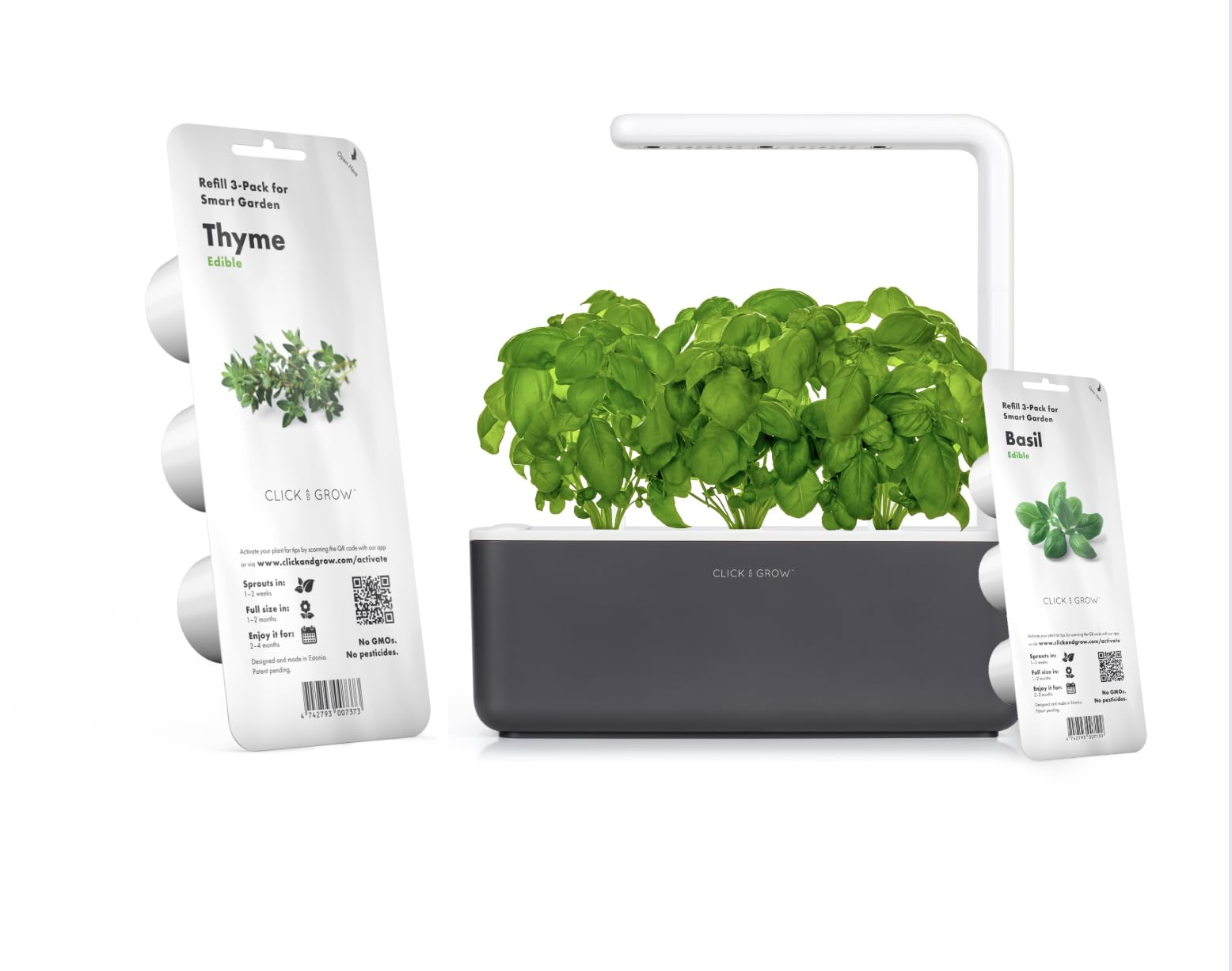 Click and Grow Smart Garden Grey (3 Basil Pods Included) and Thyme Plan Pods 3-Pack Bundle