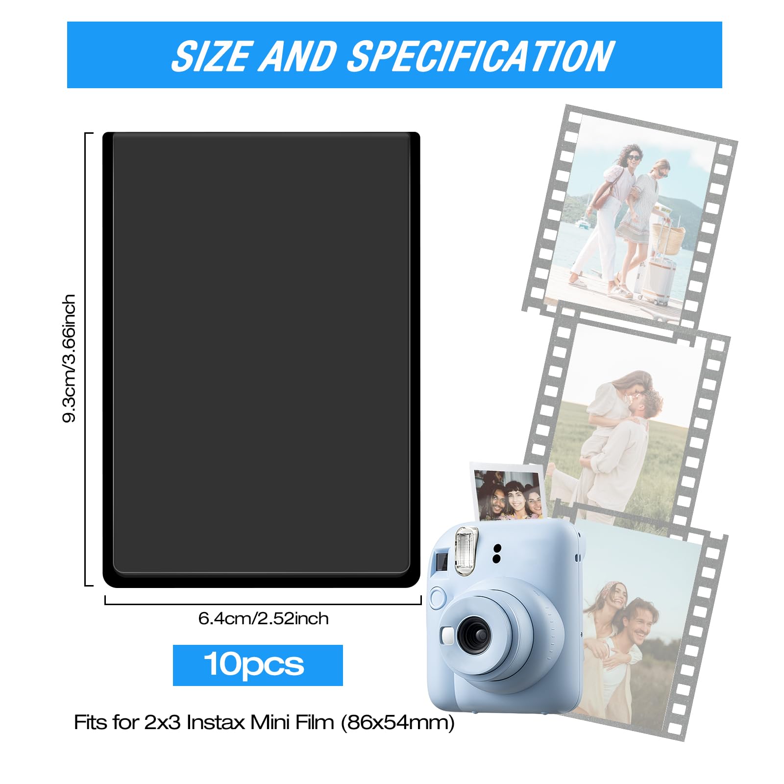 10 sztuk mini magnetycznych ramek na zdjęcia, 9,3 x 6,4 cm, magnetyczne ramki na zdjęcia, do lodówki, wielokrotnego użytku, magnesy do Polaroid Instax Mini 11/9/8, pocztówki (czarne)
