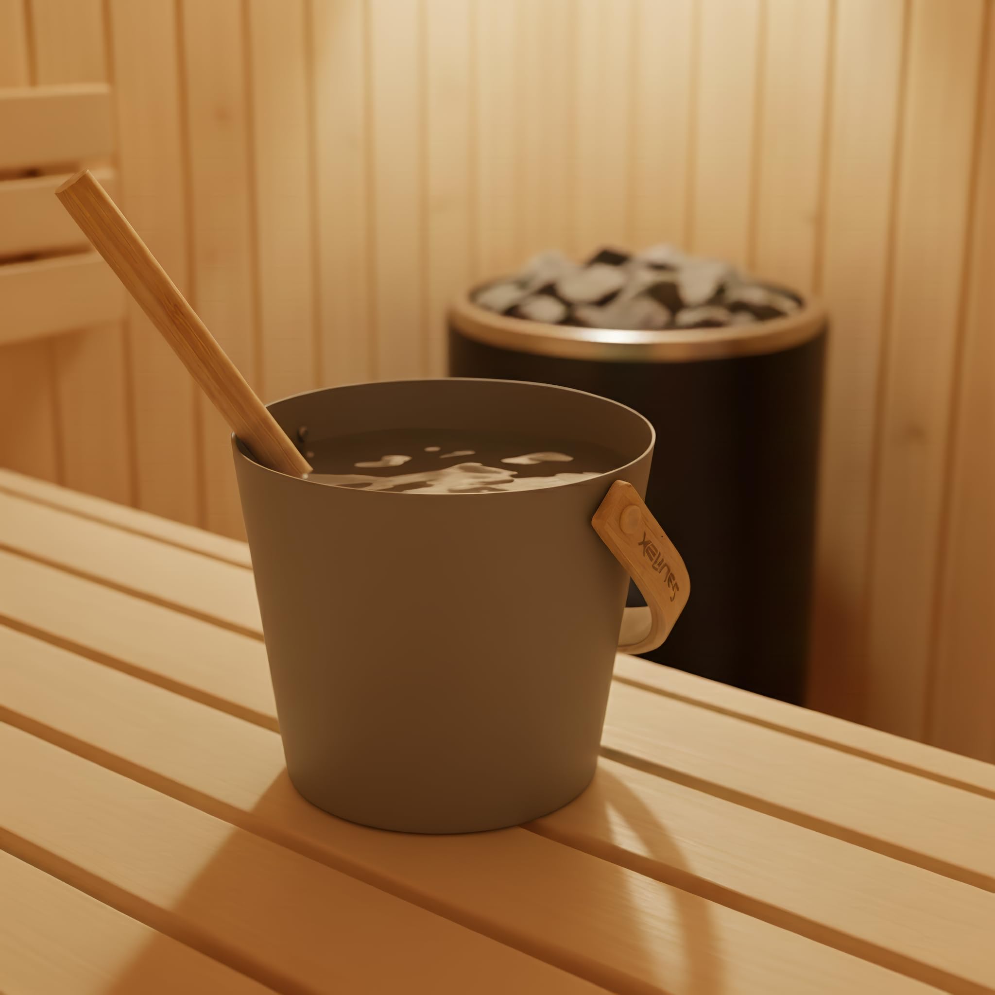 Sauna Zubehör Set: 4L Aluminium Eimer und 42cm Kelle, Bambusgriffe (Taupe)