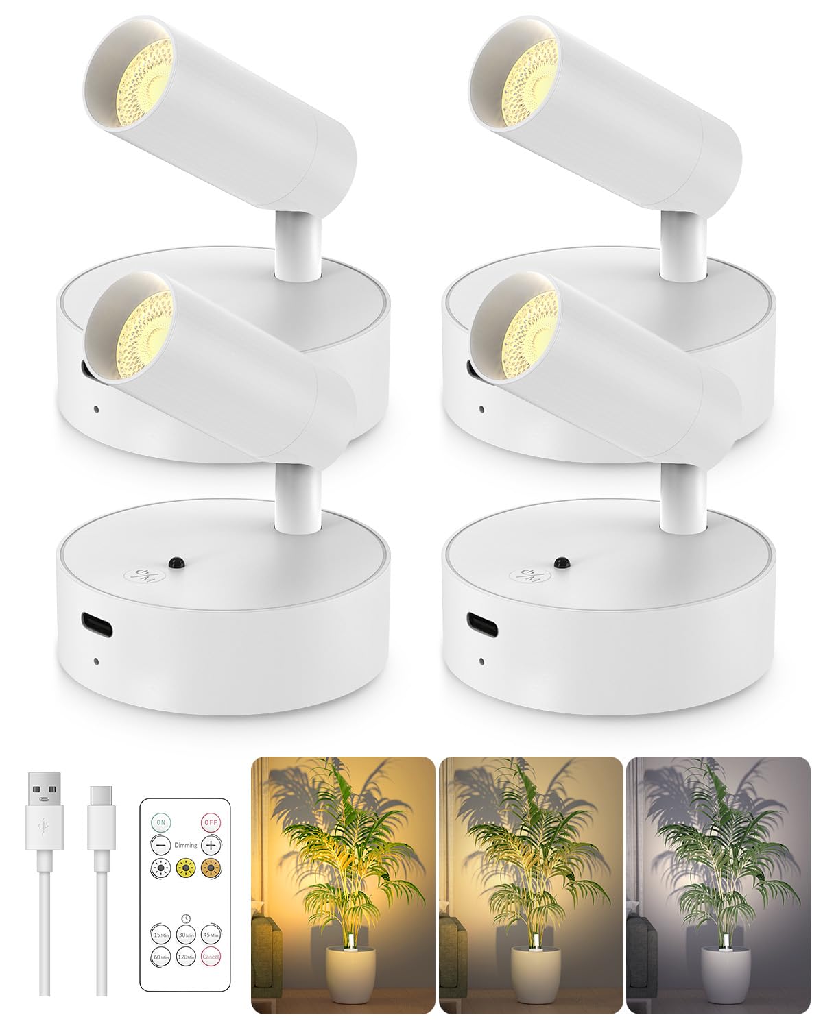 GOODEA Spotlights Indoor with Remote, 3000mAh Rechargeable Battery Plant Spotlight Indoor, Wireless Uplights with 3 Colors &amp; Dimmable, Picture Light for Painting, Accent Lighting(4 Pack, White)