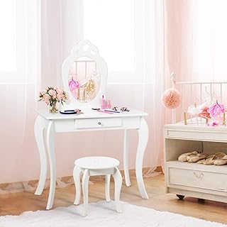 Costzon Kids Vanity Set with Mirror, 2 in 1 Wooden Princess Makeup Vanity Dressing Table with Detachable Top, Toddler Vanity Set with Drawer & Stool, Pretend Play Vanity Set for Little Girls, White