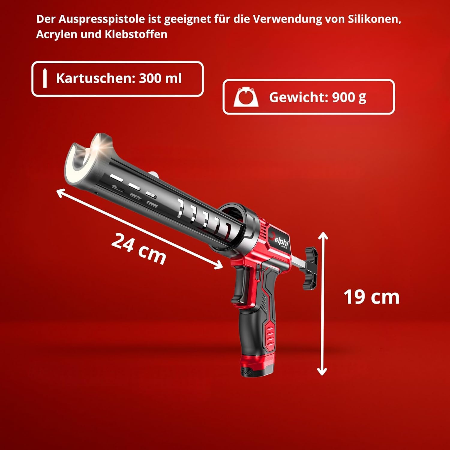 Kartuschenpresse Akku 300 ml mit LED 4 Fugenglätter und Batterien im Set