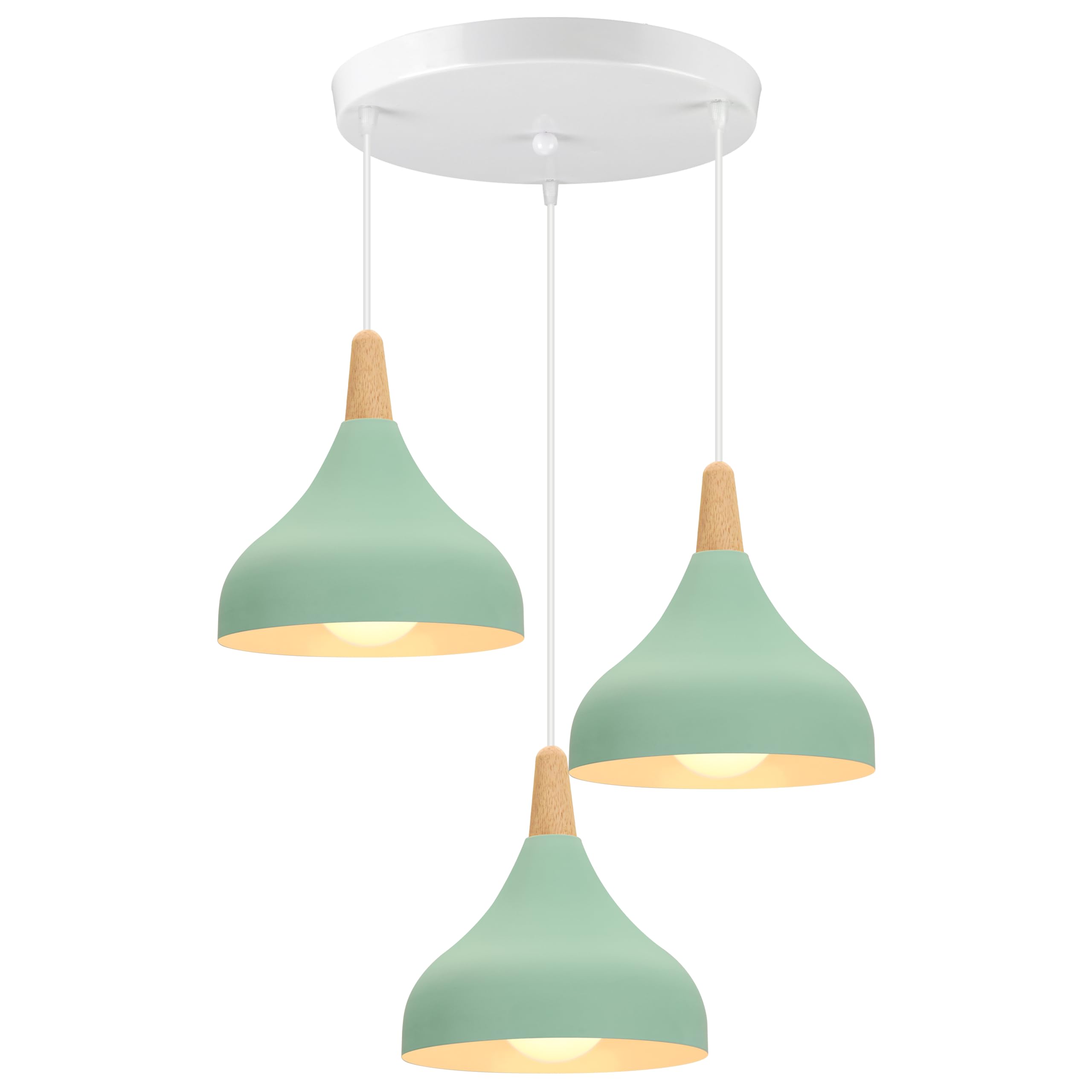 iDEGU Chandelier Pendant Light Retro 3 Lamps Modern Style Drop Hat Ceiling Light E27 Metal Wood Ceiling Lamp for Bedroom Dining Room Kitchen Diameter 20 cm (Green, Round)