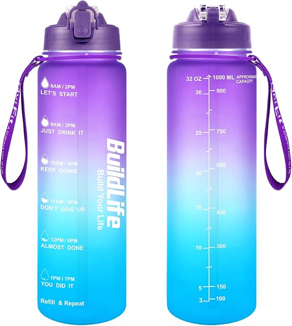 BuildLife 1 litre Sports Water Bottles with Straw - BPA Free Drinks Water Bottle with Time Markings & Lock Cover, Leak Proof Daily Water Intake Bottle for Gift,Gym,School,Cycling (Purple Blue)