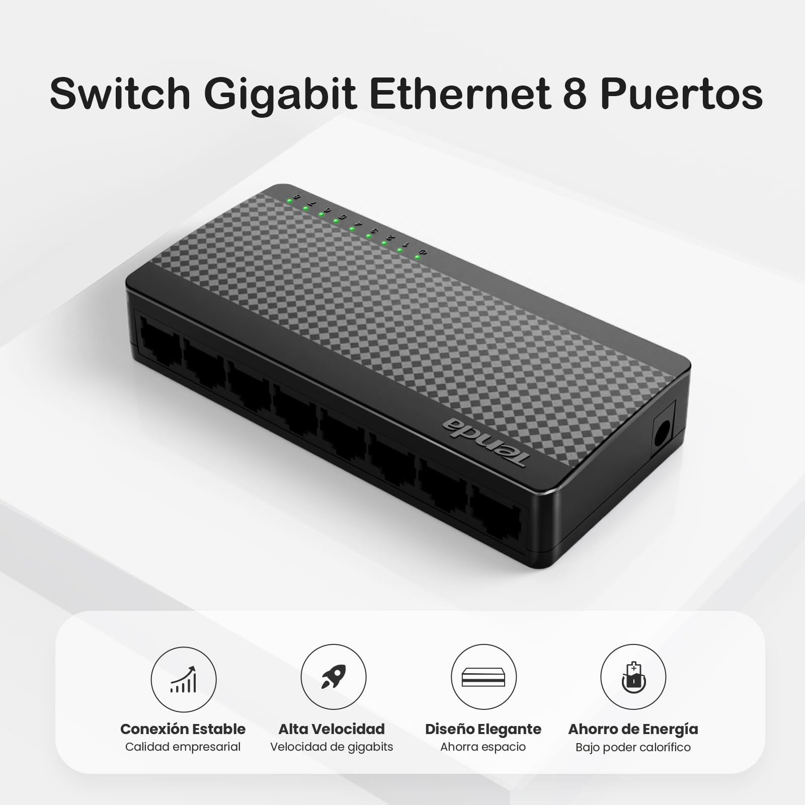 Tenda SG108 Switch Ethernet Gigabit de 8 Puertos, 10/100/1000 Mbps, RJ45, IEEE 802.3X, MDI/MDIX Automático, Modo Dúplex Completo, Plug y Play, No administrado, Sin Configuración, Silencioso, Negro