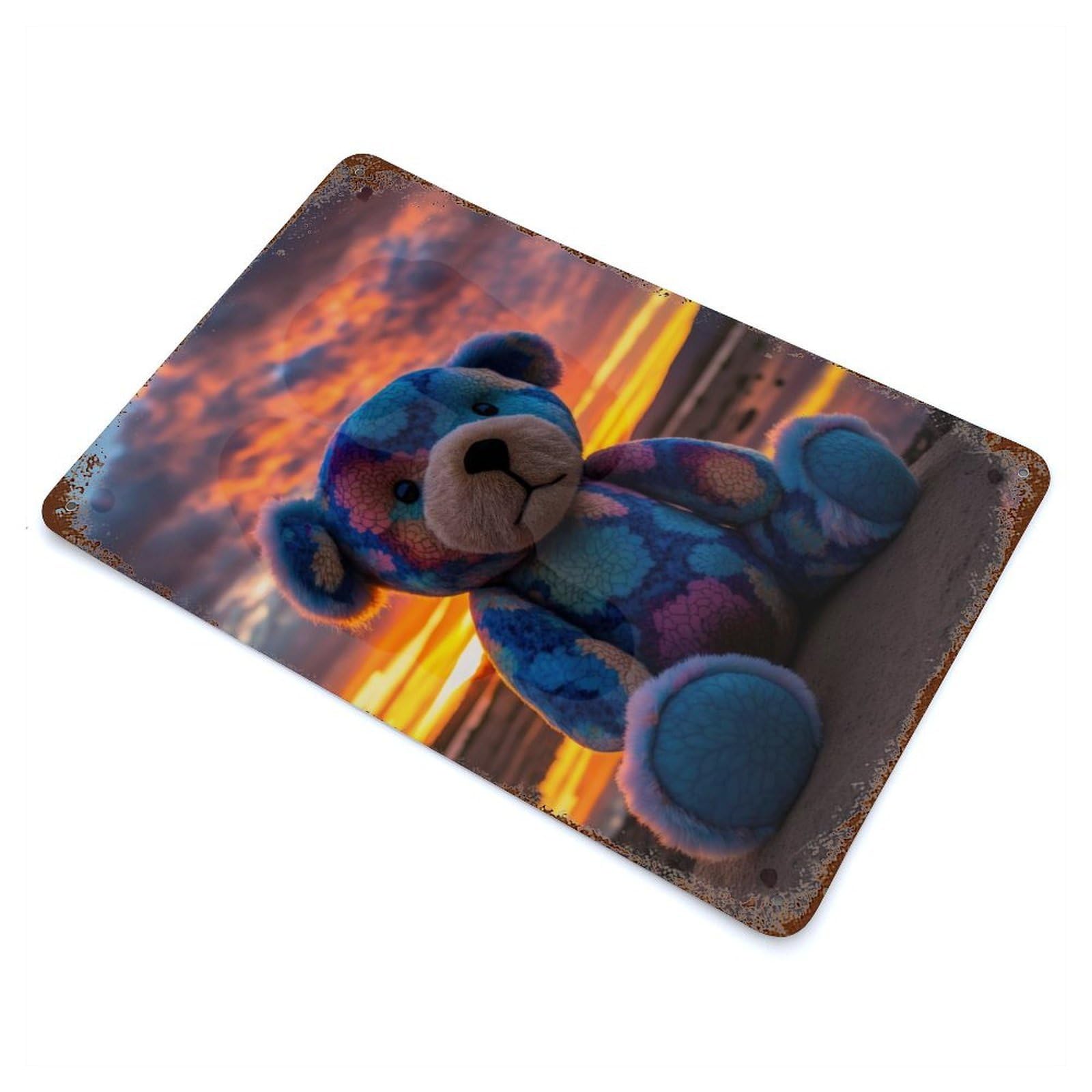 Weathered Tin Sign with Teddy Bear Style 7 Design 11.8"x7.9", for Shed, Workshop And Garage Wall Decor, Decorative Metal Wall Art