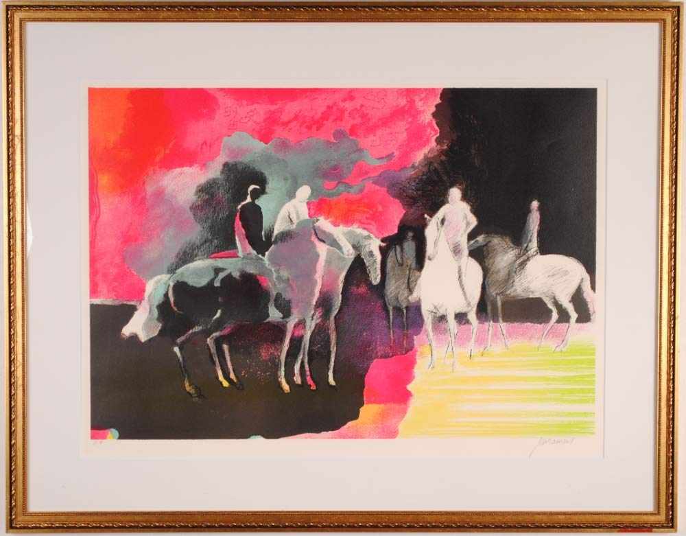 Amazon.co.jp: 馬 絵画 リトグラフ 版画 ポール・ギヤマン 「5頭の馬 
