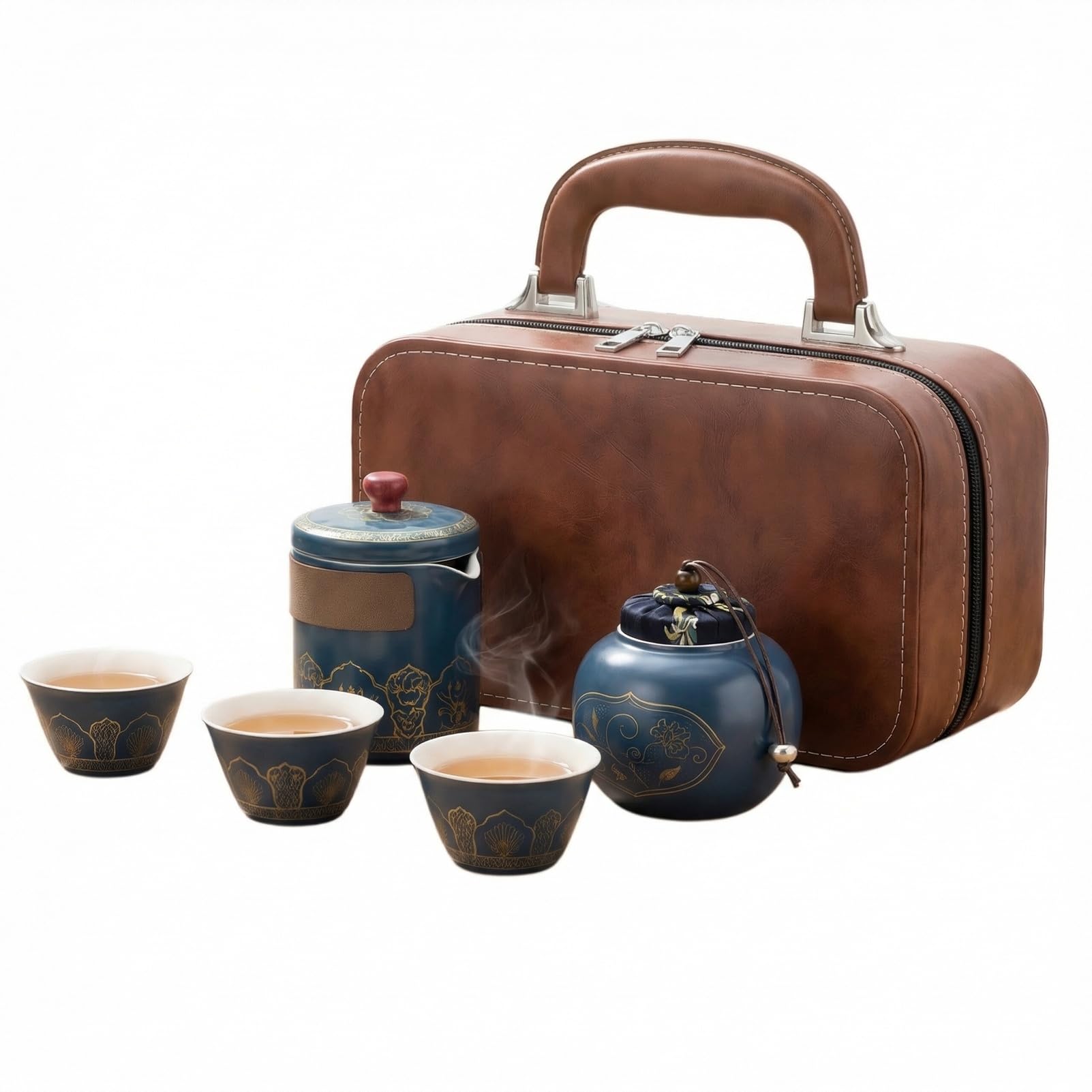 Portable Chinese Tea Set, 1 Teapot 3 Cups 1 Tea Tin, Ceramic Travel Gongfu Tea Ware with Wooden Handle, Fast Brewing Loose Leaf Tea Maker for Home Office Car Camping, Gift Ready (Blue)​