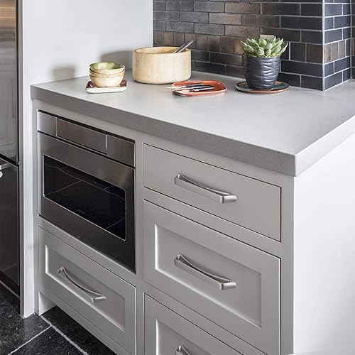 Miniatura 5 de Goo-Ki Paquete de 6 tiradores de gabinete de níquel cepillado con arco central de agujero de 6.3 pulgadas, tiradores de cajón mate con forma hueca,