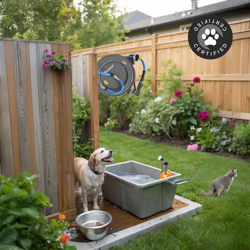 Image of Zephyr Auto-Retractable Garden Hose Reel | Heavy-Duty | Made in India | w / 3 /4in x 50ft Zephyr Hose and HD Spray Gun - Grey