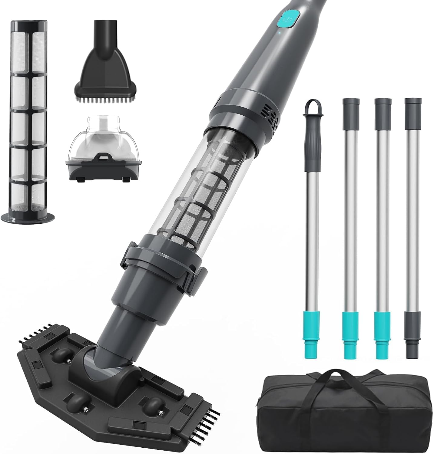 Handheld Pool Vacuum for Above Ground Pool, Cleans Hot Tubs,20 Gallons/Min Powerful Suction &amp; Lightweight,90 Mins Running Time, Comes with Storage Bag, Ideal for Cleaning Debris and Sand,Charcoal Gray