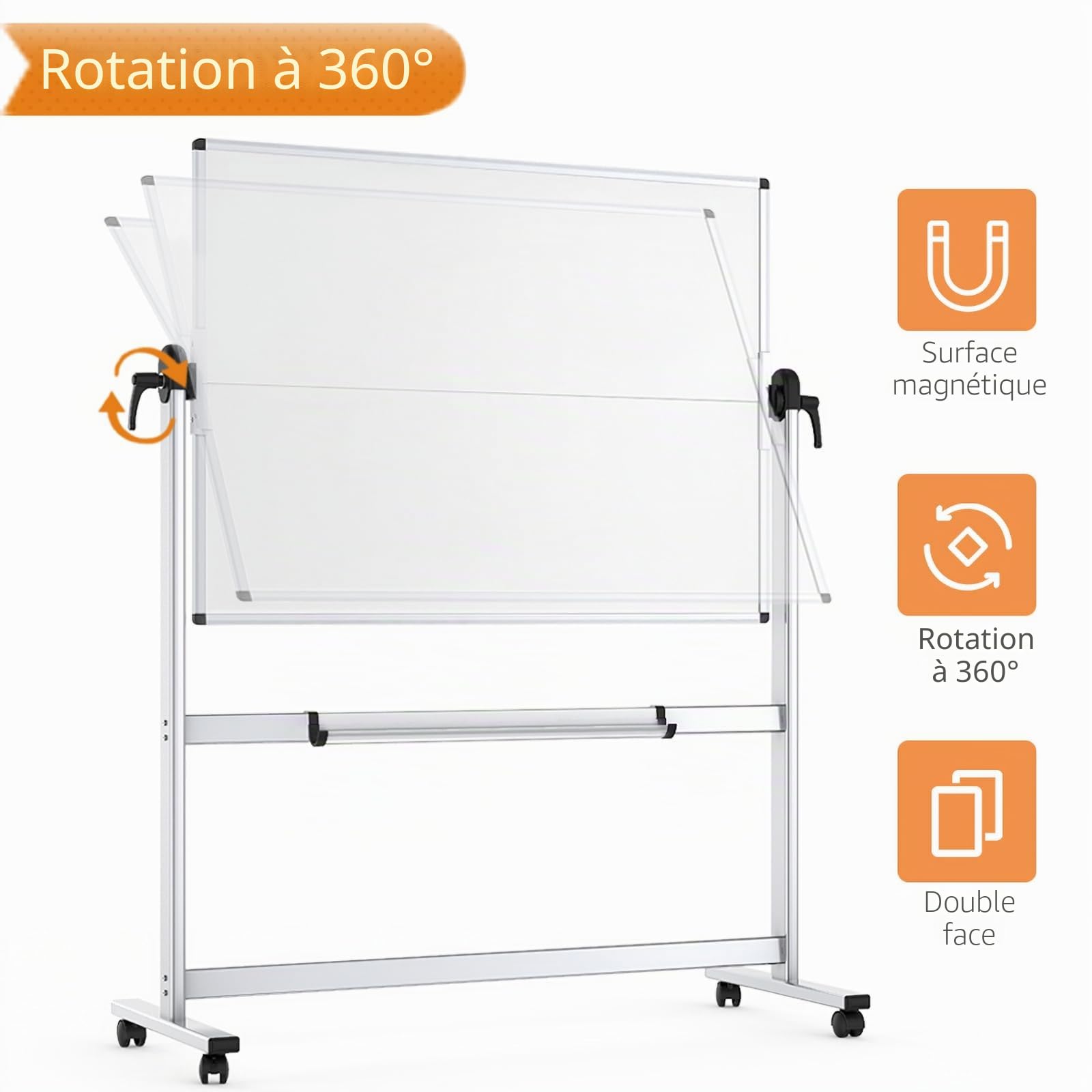 VIZ-PRO Tableau Blanc Mobile Double Face, 120 x 90 cm, Tableau Blanc Magnétique Effaçable à Sec Sur Roulettes Avec Cadre en Aluminium et Support | Tableau magnétique double face effaçable à sec sur roulettes pour l'école, le bureau, la maison 1,2 x 91,4 c