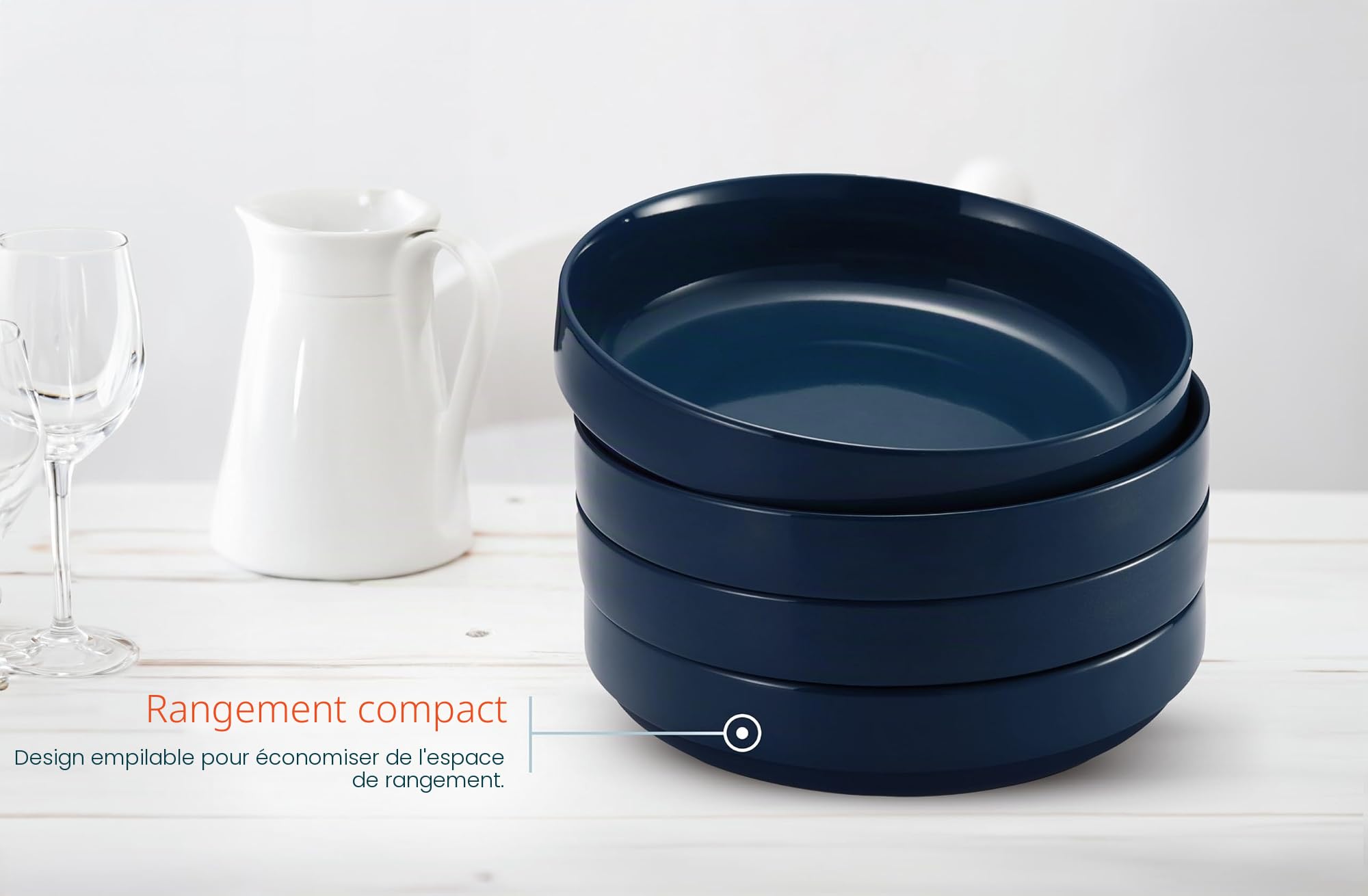 KooK Lot de 4 bols à pâtes en céramique, larges et peu profonds, bleu marine