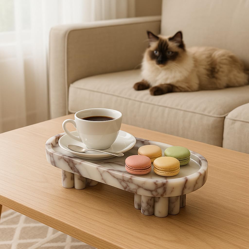 Oval Marble Tray with Legs, Clouded Purple Marble Vanity Tray for Bathroom, Perfume or Kitchen Countertop, 9.65 * 4.53 * 3.15 in