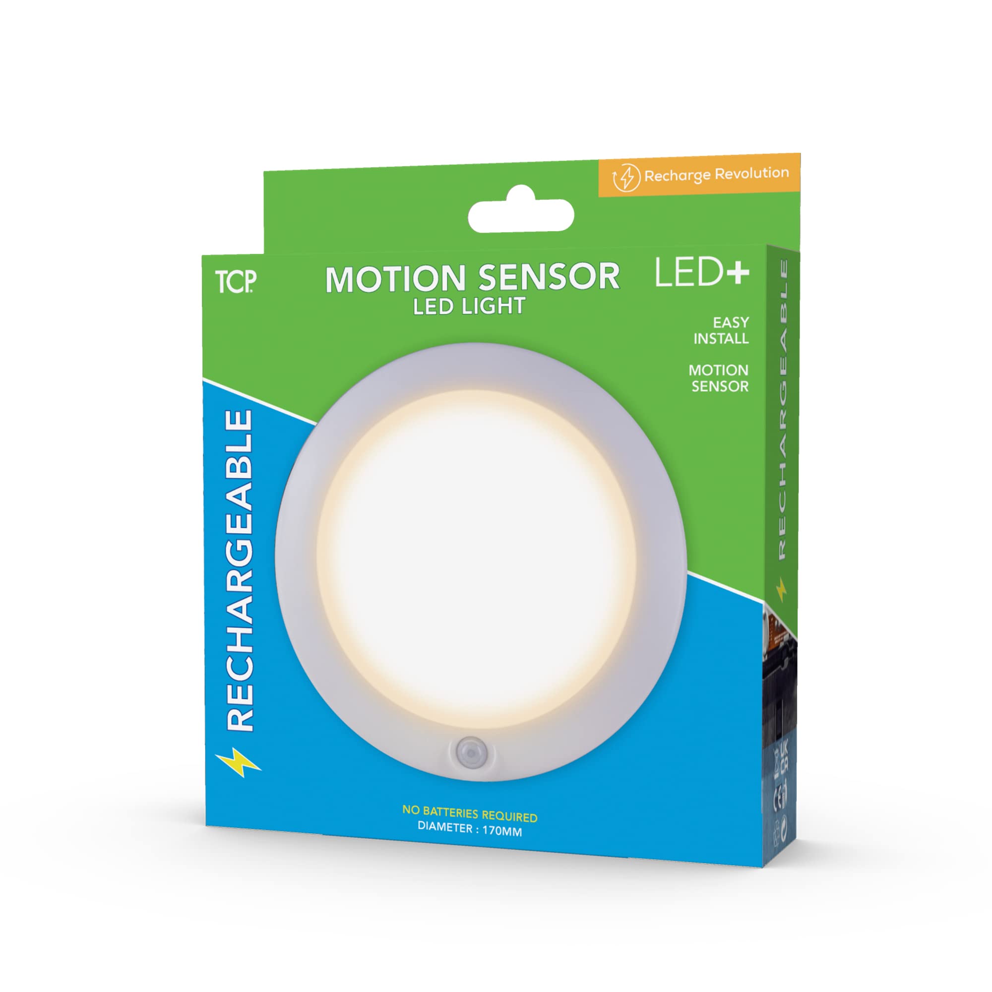 TCP LED PLUS RECHARGEABLE ROUND PIR 200L WH 30K 170mm diameter