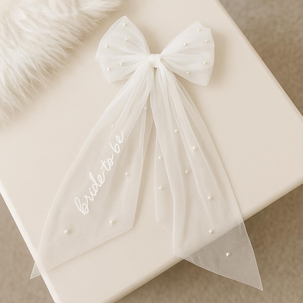 Bride to Be Embroidered Veil Hair Bow for Bachelorette Party,White Bow Wedding Veil Engagement Accessory Hair Clip for Women and Girls