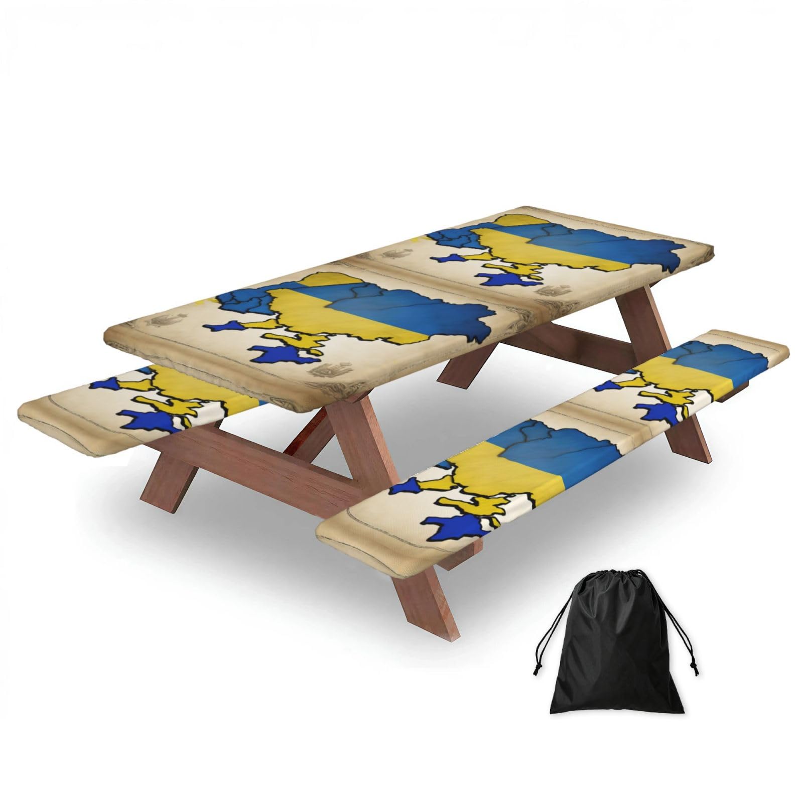 Duwaa Black Ukraine Topographic Map Print 183Cm Picnic Table Cover With Bench Covers, Waterproof Elastic Tablecloth Set For Outdoor