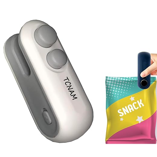 TCNAM Portable Mini Bag Sealer with Cutter and Magnet || Rechargeable 2 in 1 Vacuum Food Sealer for Plastic Bags, Snacks & Food Storage || (White)