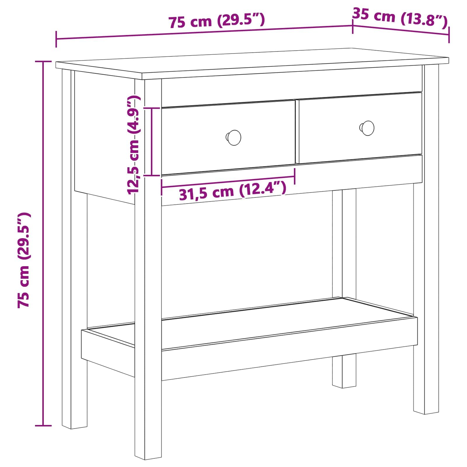Mesa consola marrón cera madera de pino maciza, 75 x 35 x 75 cm, con cajones y estante, mesa auxiliar, mesa auxiliar para salón, dormitorio, pasillo, oficina, ahorra espacio, moderna