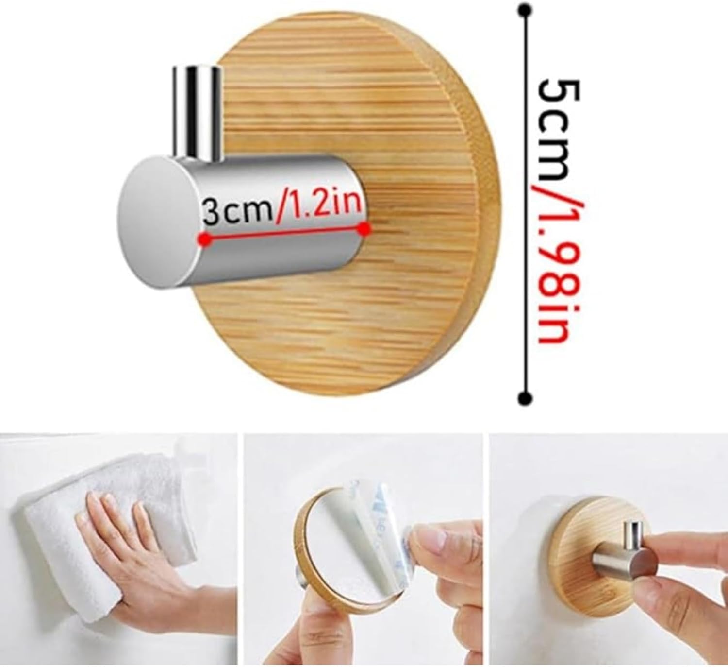 4-Pack Bamboo Wood Wall Hooks with Stainless Steel – No-Drill Self-Adhesive Towel Hooks for Kitchen, Bathroom & Entryway – Natural Finish, 5 x 5 x 3 cm image 2