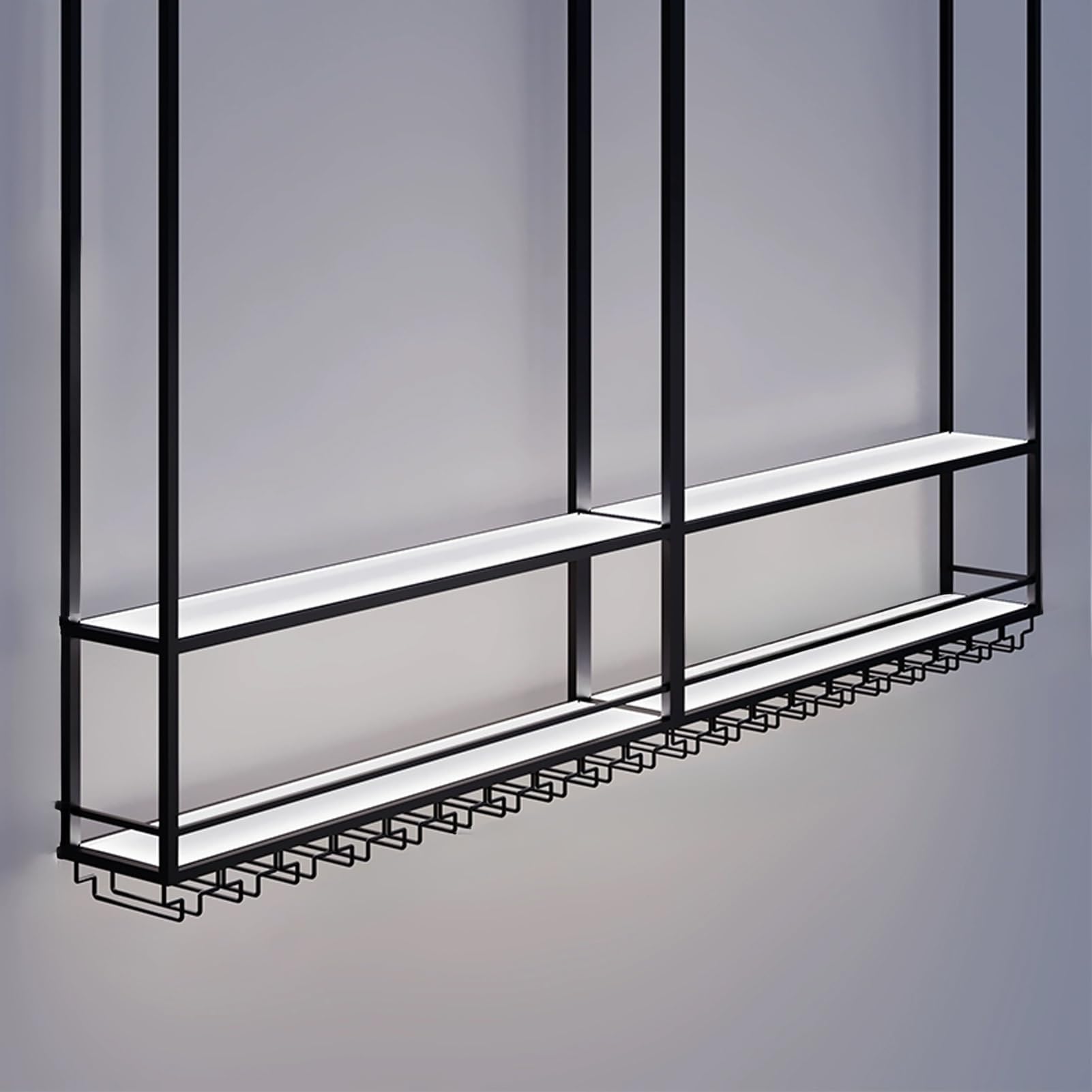 Estante flotante de metal negro montado en la pared con luz LED, soporte multifuncional grande para botellas de licor y copas de vino (300 cm)