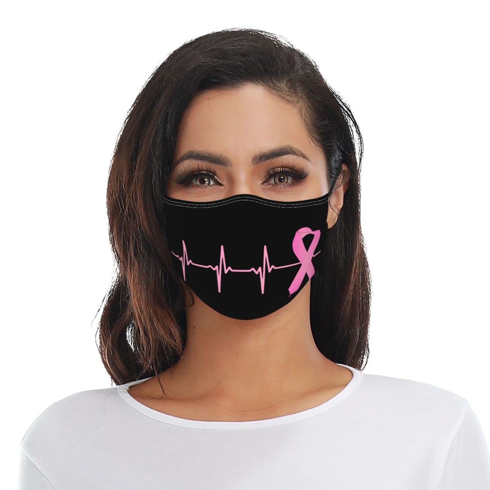 Pink Ribbon Heartbeat Breast Cancer Awareness Face Mask Washable Reusable Adults Breathable with 2 Filters