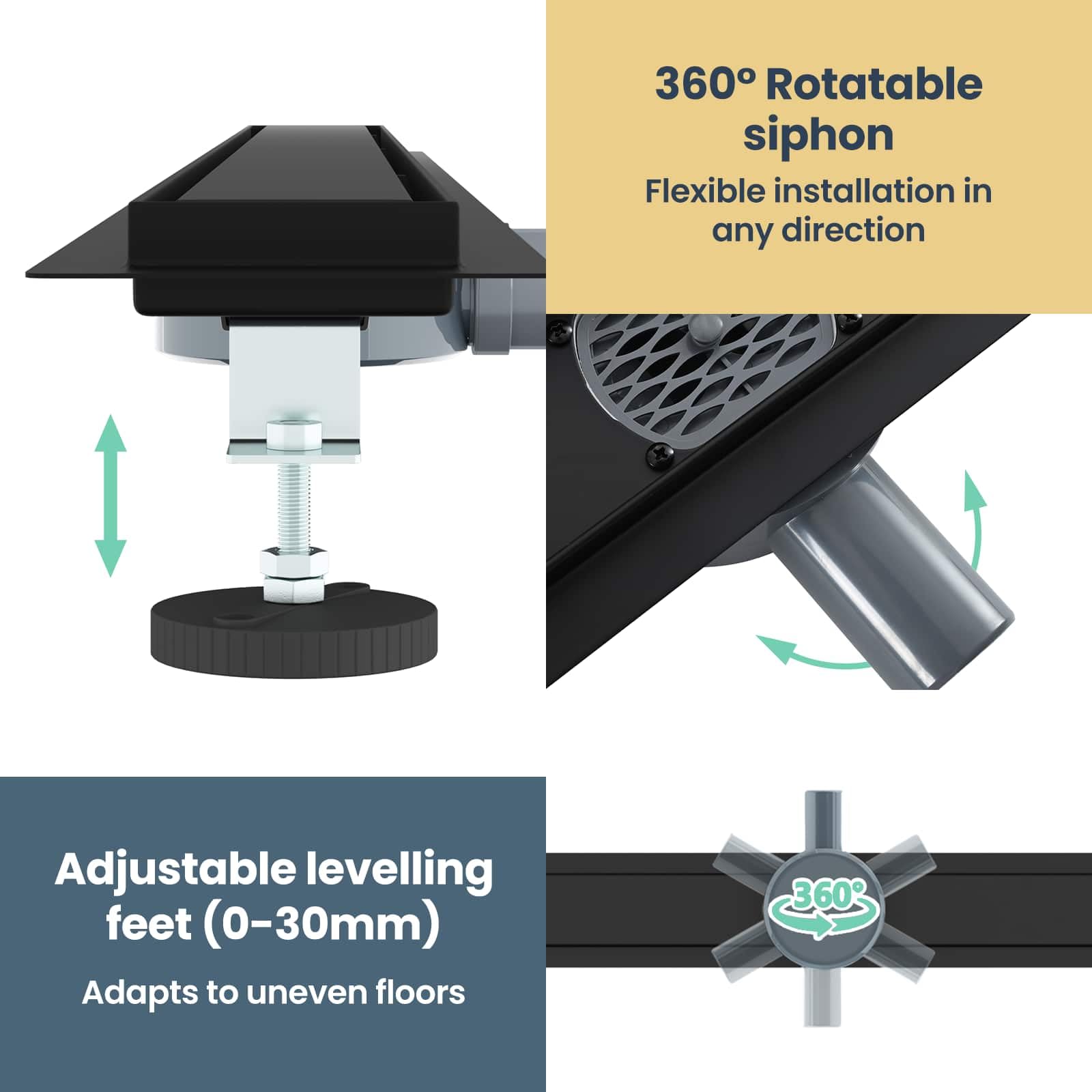vidaXL Scarico Doccia 2-in-1 con sifone a 360° Nero 100 cm, Ristrutturazione Bagno, componente Doccia Moderno, Installazione Scarico Rettangolare per drenaggio e impianto Idraulico