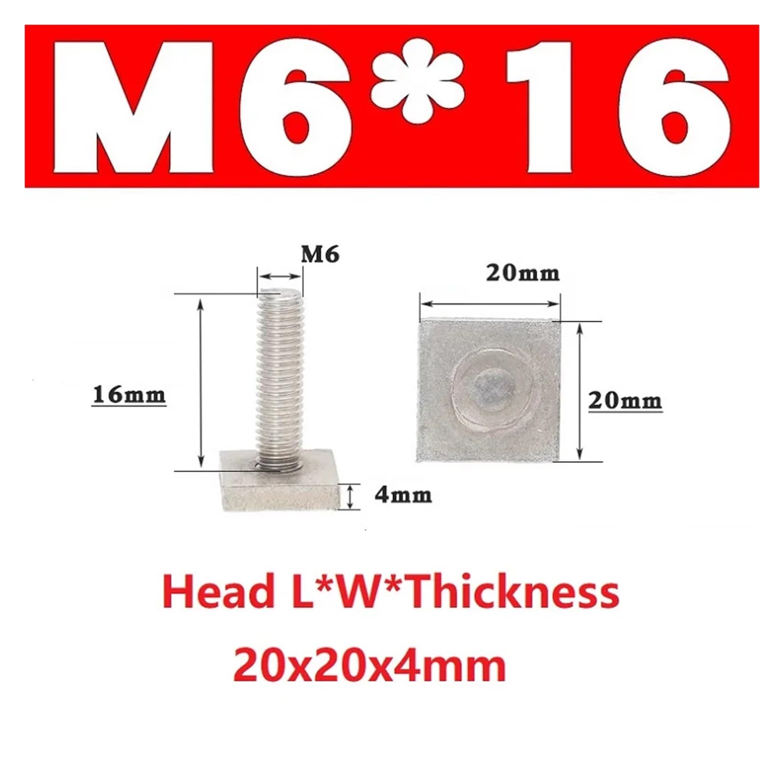 Stahl-T-förmige Schienenbefestigungsschrauben M6, M8, M10 mit Vierkantkopf, Länge 16 bis 50 mm, Edelstahl 304(L25xW25xThick3mm)