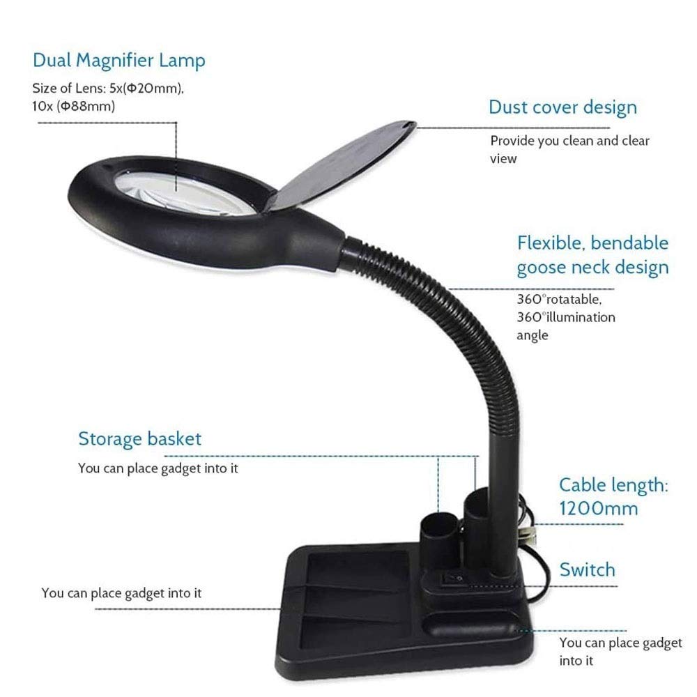Lampa biurkowa z lupą 5X 10X z podświetleniem LED, lampa do hobby, rzemiosła, inspekcji, czytania książek