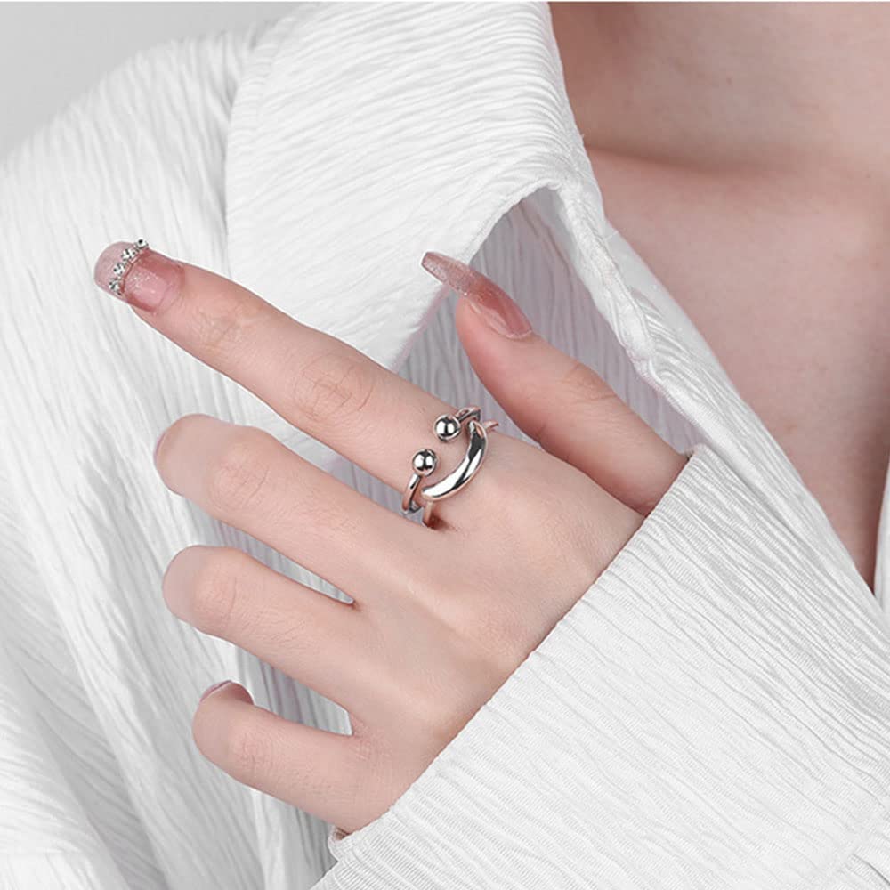 925 Sterling Silber Doppelter geometrischer Öffnungsring, Kreativer Ausdruck Smiley Ring, Einfacher Schmuck Geschenke für Männer und Frauen