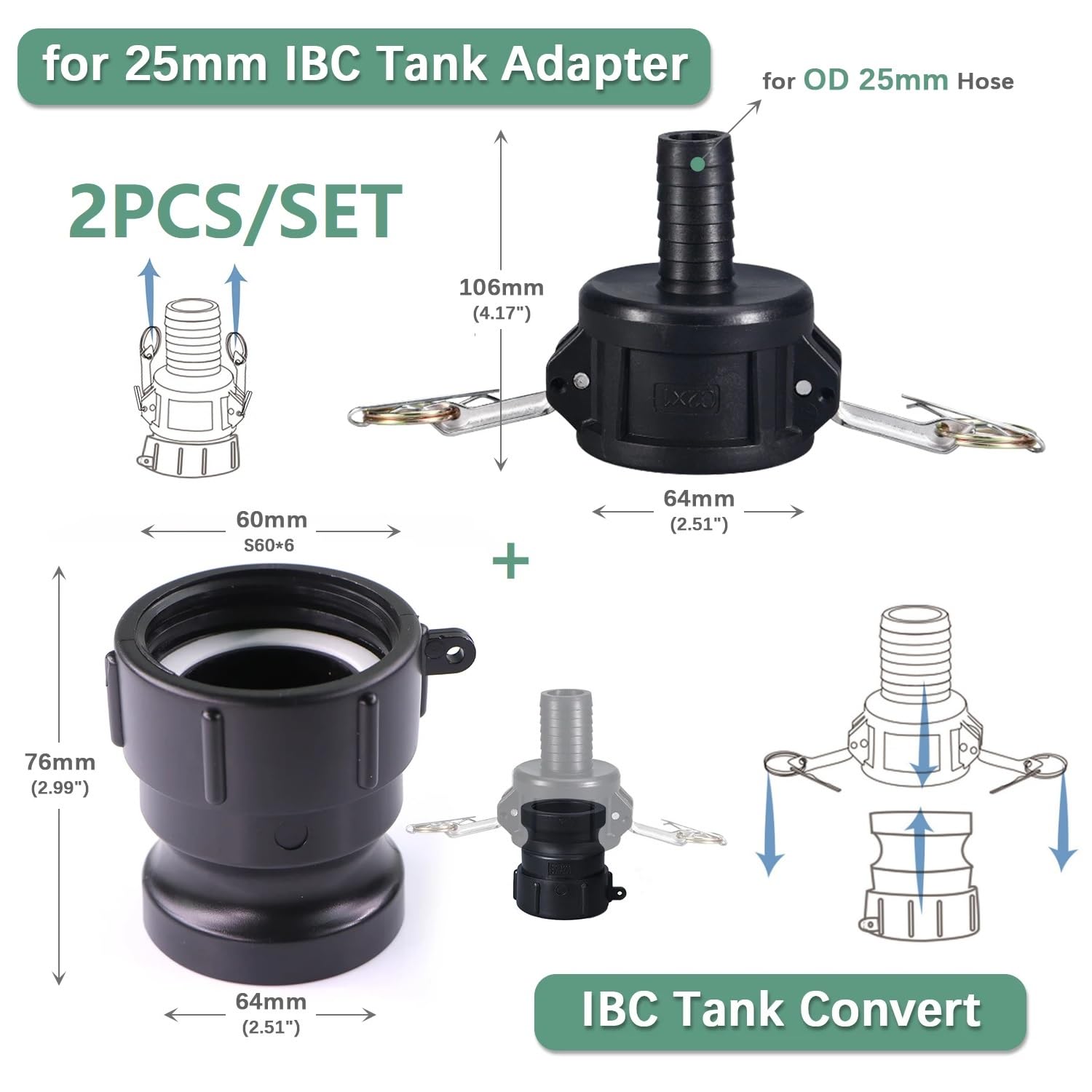 MiJunHD IBC Tank Adapter S60*6 60mm Coarse Thread Cam Lock Coupling & 1inch/25mm Hose Barb Tail Connector for Storage Tanks,IBC Barrel Quick Connect Joint (2Piece/Set) - Image 2